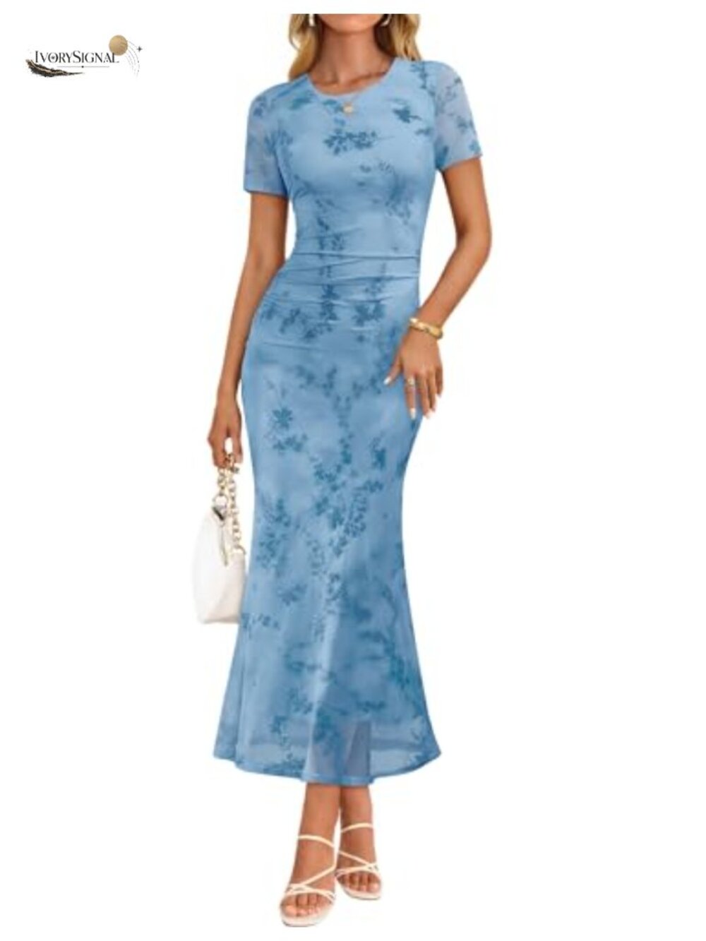 Womens Floral Mesh Bodycon Maxi Dress Short Sleeve Formal Cocktail